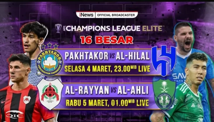 Live dalam tempat iNews! Al Hilal vs Pakhtakor dalam area Babak 16 Besar AFC Champion League, Waktu senja Hal ini adalah Waktu 23.00 Waktu Indonesia Barat